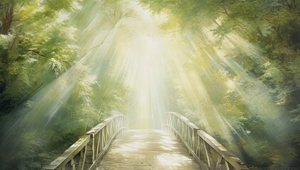 light shining out through a bridge on a path through birch trees Generative AI