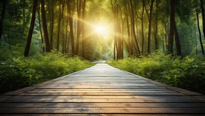 wood board pathway through forest with summer sun Generative AI