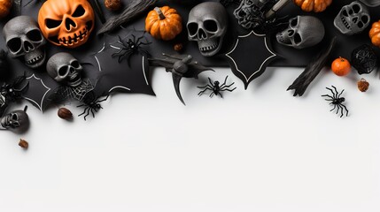 Halloween frame flat lay. Modern pumpkins jack o lantern, spiders, bats frame on background with space for text. Season's greeting card. Happy Halloween. Generative AI