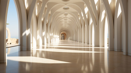 Fototapeta na wymiar Sunlight shines through columns in a long and white corridor. Architecture modern geometric concrete structure