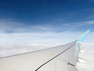View of an airplane wing, white clouds and blue sky from an airplane window from a height of 10,000 meters