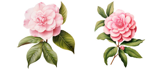 Camellia flowers watercolor transparent background 
 - obrazy, fototapety, plakaty