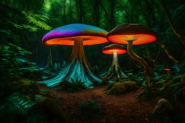 Magical jungle , psychedelic , heaven , mushroom design , camping - AI Generative