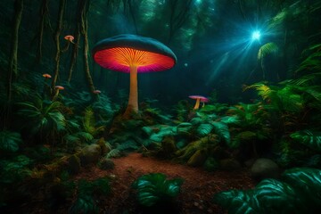 Fototapeta na wymiar Magical jungle , psychedelic , heaven , mushroom design , camping - AI Generative