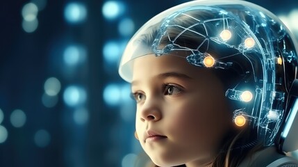 Little kid using modern technology personal information storage in head, Cyborg children.