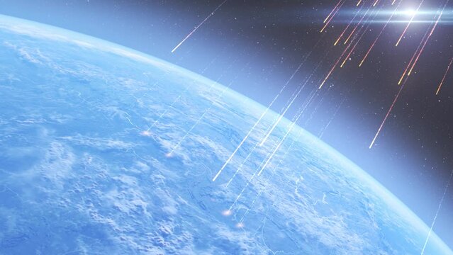 Meteor shower hitting planet earth, outer space view
Burning meteors falling from space to earth in fast speed with smoke trails, global threat concept, 2023

