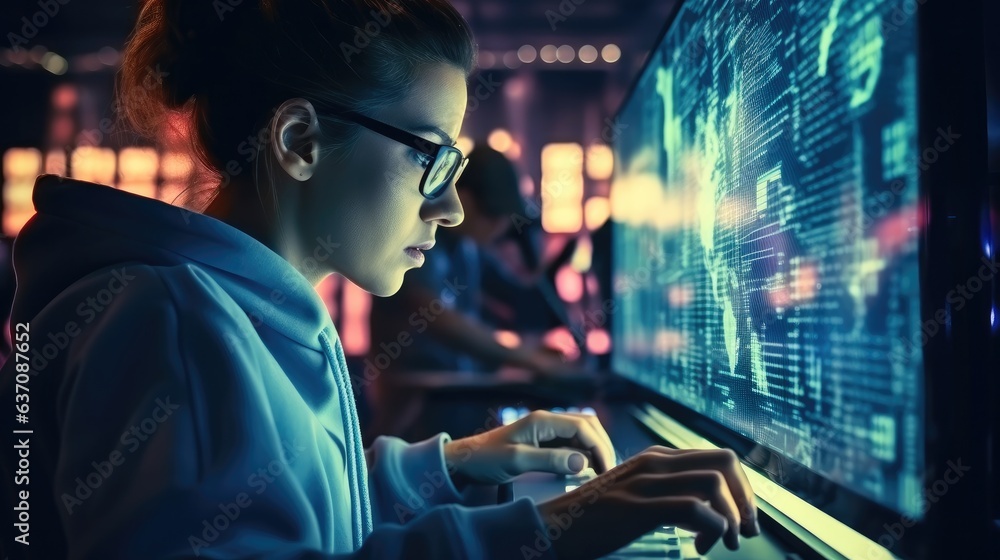 Aufkleber professional it woman using device writing code computer network maintenance at control data room.