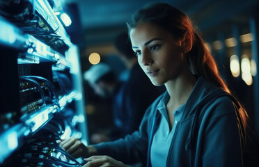 Fototapeta na wymiar Professional it women are repair computer network in control data room.