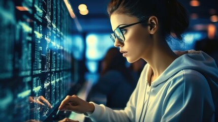 Naklejka premium Professional it woman using device writing code computer network maintenance at control data room.