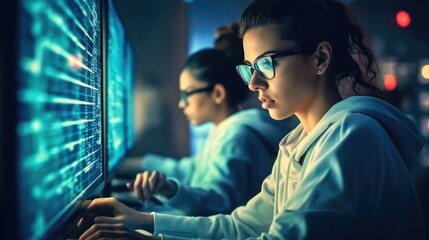 Professional it woman using device writing code computer network maintenance at control data room.