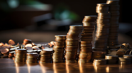 Financial Realities: Coins Displayed on a Wooden Table in an Inflationary World
