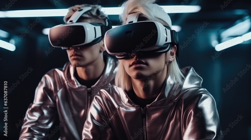 Poster Portrait of gamer using device gadget for virtual reality simulation.