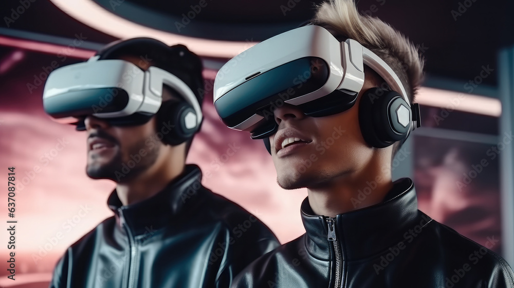 Aufkleber Portrait of gamer using device gadget for virtual reality simulation.