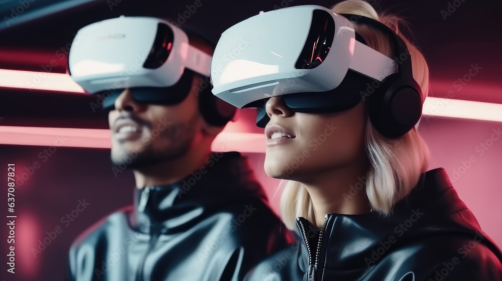 Poster Portrait of gamer using device gadget for virtual reality simulation.