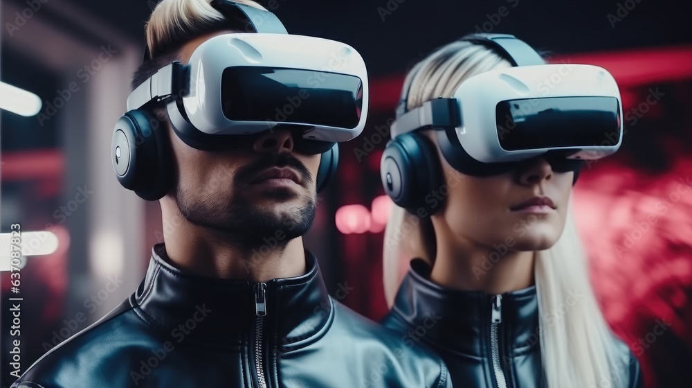 Aufkleber Portrait of gamer using device gadget for virtual reality simulation.