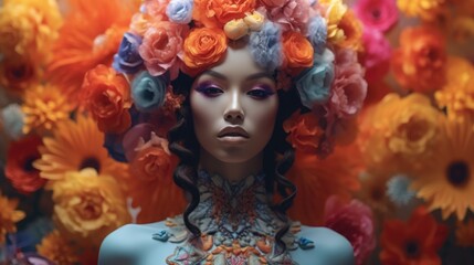 Naklejka premium Beautiful woman chief tribe or priestess lady have floral ritual worship mysterious gods wear theme costume.