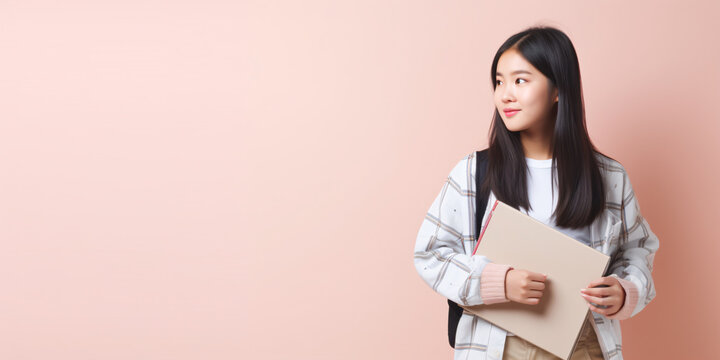 Young Asian college teen student on pastel background copy space. Back to school concept.
