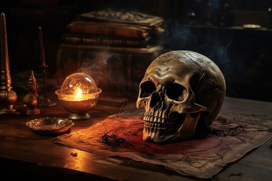 Cinematic horrific scene of a human skull on vintage wooden table. Spooky halloween theme.
