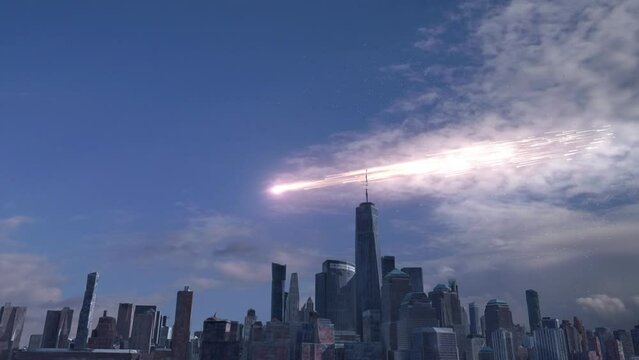 space junk or Meteors falling above new York sky


Aerial view of burning glowing meteors or space junk falling over new York sky
