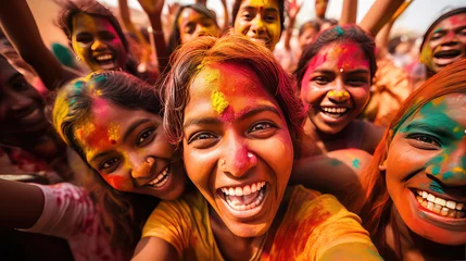 Poster Indian people celebrating Holi festival with colourful powder in India © Natalia