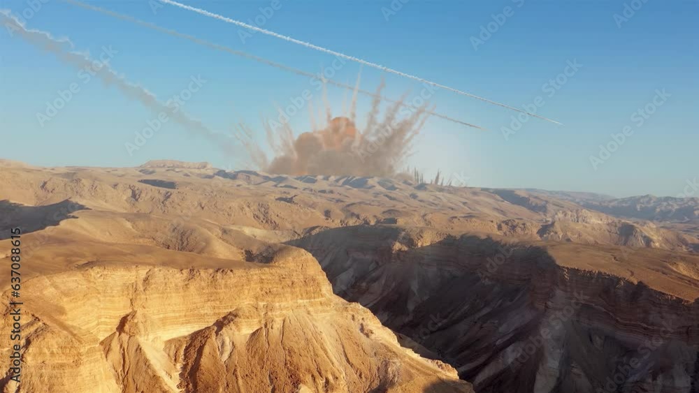Wall mural asteroid meteor impact desert mountain, aerial view drone view over massive meteor strike in the des