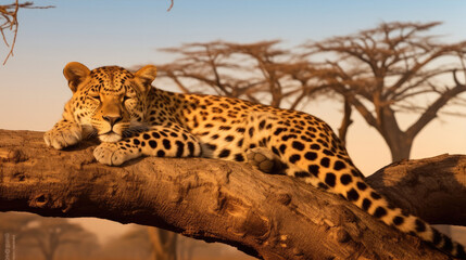 Leopard sleeping on the tree at forest.