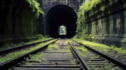 Fototapeta na wymiar Shot of train rails surrounded by nature leading to the dark tunnel.
