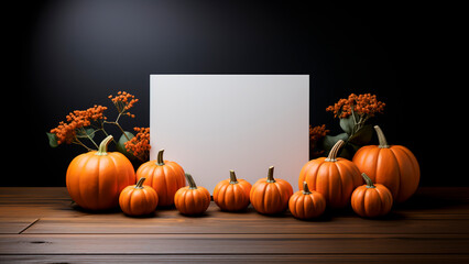 Halloween pumpkins with blank card on wooden table over dark background. Halloween concept.