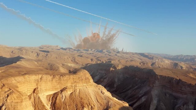 Asteroid meteor impact desert mountain, aerial view

Drone view over massive meteor strike in the desert, giant explosion, 2023
