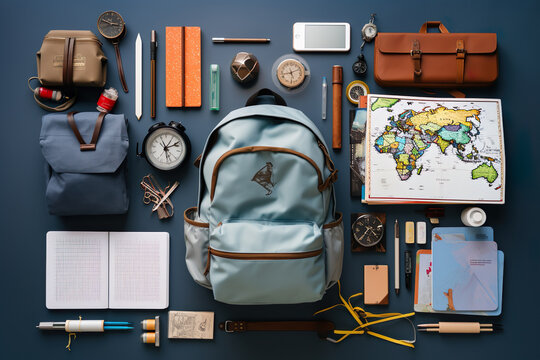 Travel kit, flatlay of backpack and tourism gears, stuff, map