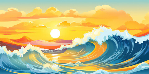 Playful Ocean Wave in Cartoon Style. Sun ocean wave blue clouds happy splash. Banner Header Travel Graphic Resource as background sunny ocean wave splashing water. Generative AI