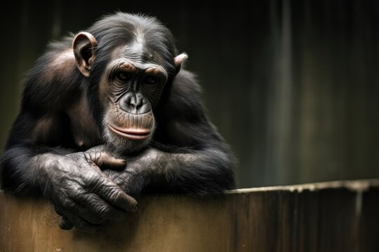 Chimpanzee sitting on a metal rusty sink in a weathered cage contemplating about something deep.