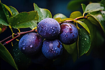 Juicy ripe plum on a branch 
