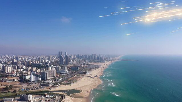 Meteors shower burning above coastline city
Drone view over massive meteors entering atmosphere above city with sea shore, 2023

