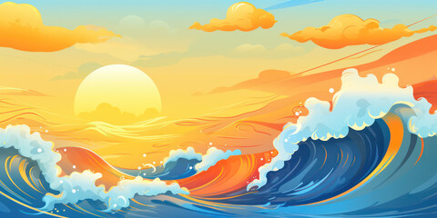 Playful Ocean Wave in Cartoon Style. Sun ocean wave blue clouds happy splash. Banner Header Travel Graphic Resource as background sunny ocean wave splashing water. Generative AI