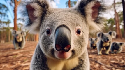 Naklejka premium Adorable koalas taking a selfie in a forest.