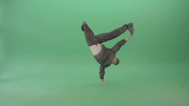 Break Dancer B-Boy making Freeze HipHop Elements over green screen 4K Video Footage