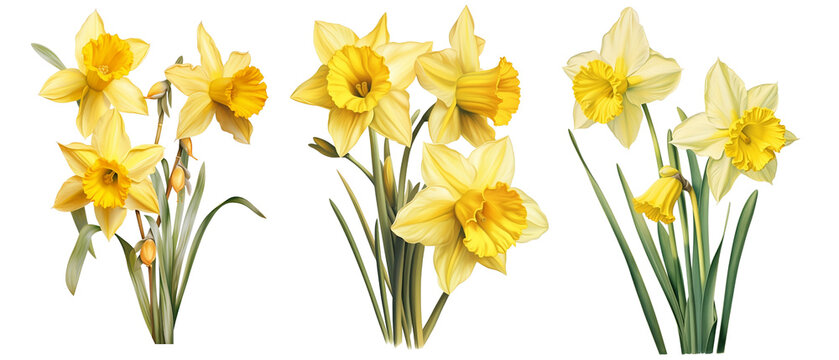 Daffodils flowers watercolor set, transparent background 