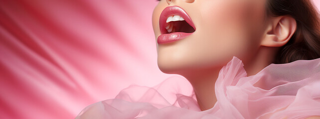 Beautiful Woman with Lovely Face with Pink Makeup and Perfect Lips - Transparent Pink Background - Life Saving Lip Balm against Irritations - Beauty and Cosmetic Care Details. generative AI,