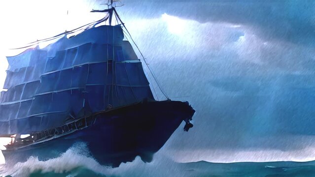 A pirate ship sailing in a stormy sea.
Stormy sea with lightning and rain, 3d rendering, 2023
