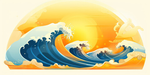 Playful Ocean Wave in Cartoon Style. Sun ocean wave blue clouds happy splash. Banner Header Travel Graphic Resource as background sunny ocean wave splashing water. Generative AI