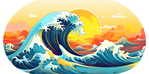 Playful Ocean Wave in Cartoon Style. Sun ocean wave blue clouds happy splash. Banner Header Travel Graphic Resource as background sunny ocean wave splashing water. Generative AI