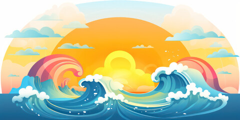 Playful Ocean Wave in Cartoon Style. Sun ocean wave blue clouds happy splash. Banner Header Travel Graphic Resource as background sunny ocean wave splashing water. Generative AI