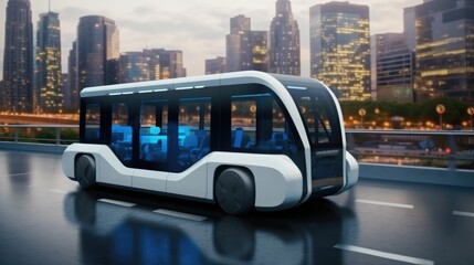 Obraz premium Autonomous electric bus self driving on street at modern city, Smart vehicle technology concept.