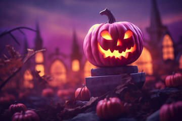 Happy carved pumpkin, jack lantern for Halloween holiday night
