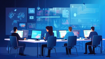 A scene showcasing a team of software developers coding, collaborating, and testing applications in a modern development environment	
