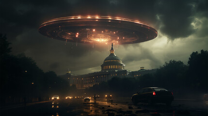 ufo invasion over capitol building dramatic alien encounter night sky - obrazy, fototapety, plakaty