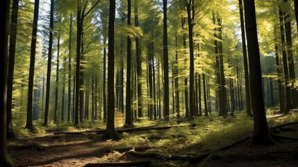 Beautiful scenery of high green trees in the forest with the sun rays.