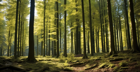 Beautiful scenery of high green trees in the forest with the sun rays.