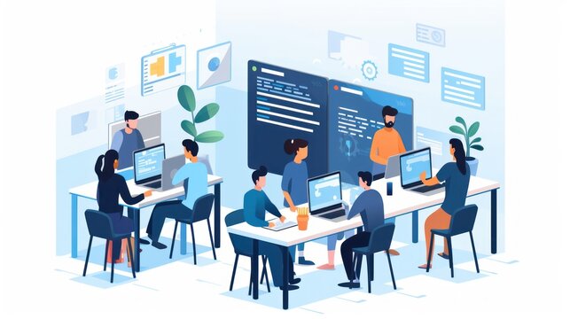 A scene showcasing a team of software developers coding, collaborating, and testing applications in a modern development environment	
